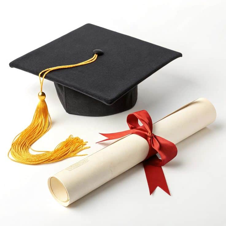 Graduation cap and diploma scroll symbolizing academic success and graduation celebration.