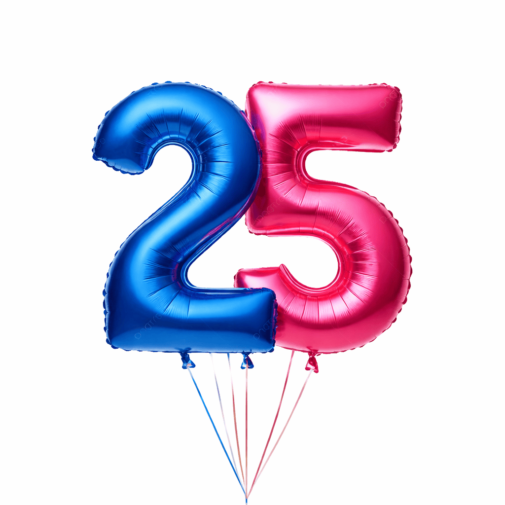 Bright blue and pink foil balloons shaped as the number 25, symbolizing a 25th anniversary celebration.