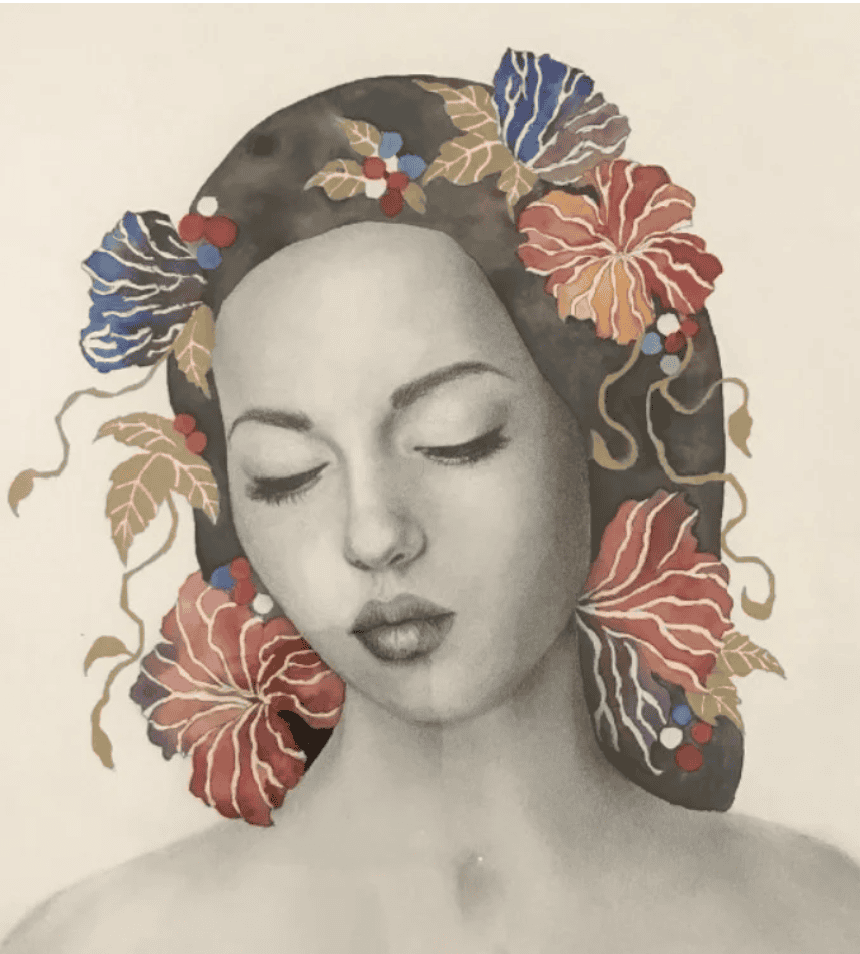 Portrait féminin artistique de Christelle Genier avec éléments floraux