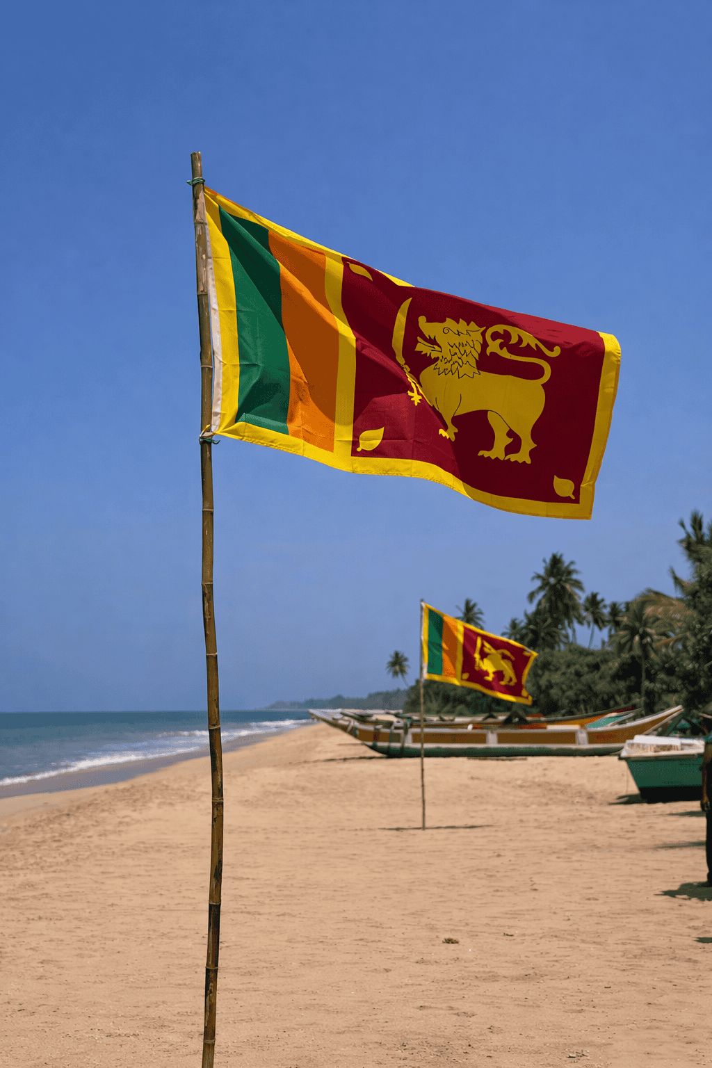 Sri Lankan flags fluttering on a sandy beach with boats and palm trees, showcasing a tropical coastal scene in Sri Lanka.