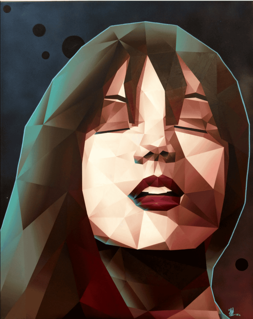 Abstract polygonal art of a woman's face with closed eyes, featuring geometric shapes and a dark background, representing modern digital art and creativity.