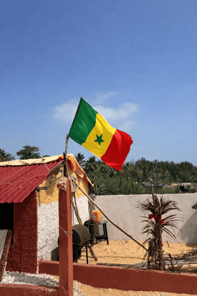 Senegal flag waving over a traditional village with rustic buildings and palm trees, showcasing local culture and vibrant national pride.