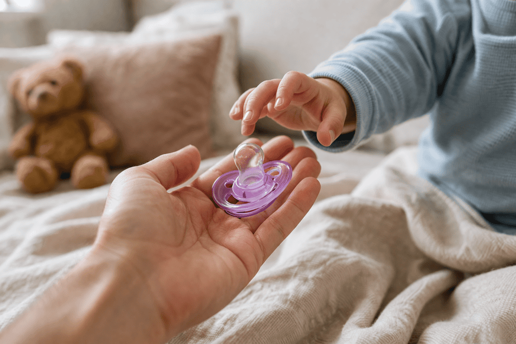 Enfant tendant la main vers une lolette tenue par un adulte