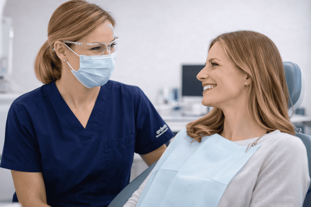 Hygiéniste dentaire Ardentis réalisant un détartrage avec une patiente en clinique – soins de prophylaxie