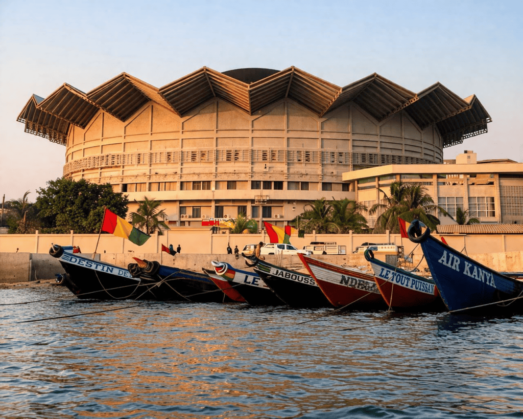 Stadium with innovative architecture located by the water, featuring colorful boats docked along the shore, highlighting a vibrant waterfront scene.