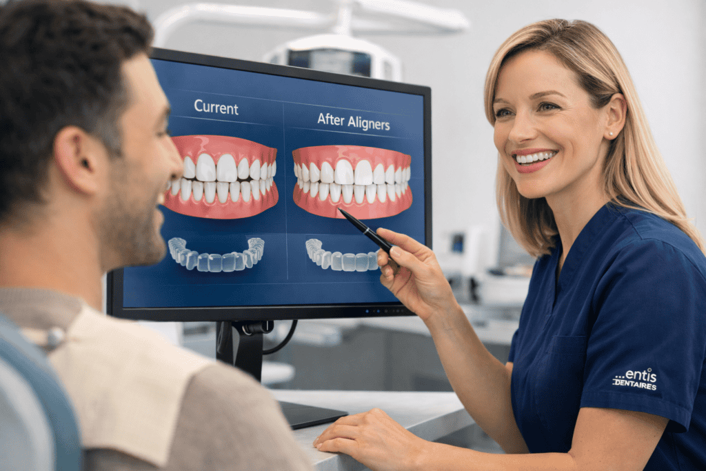 Dentist explaining teeth alignment results on screen to patient, showcasing before and after images of smile improvement with clear aligners at Ardentis Dental Clinic.