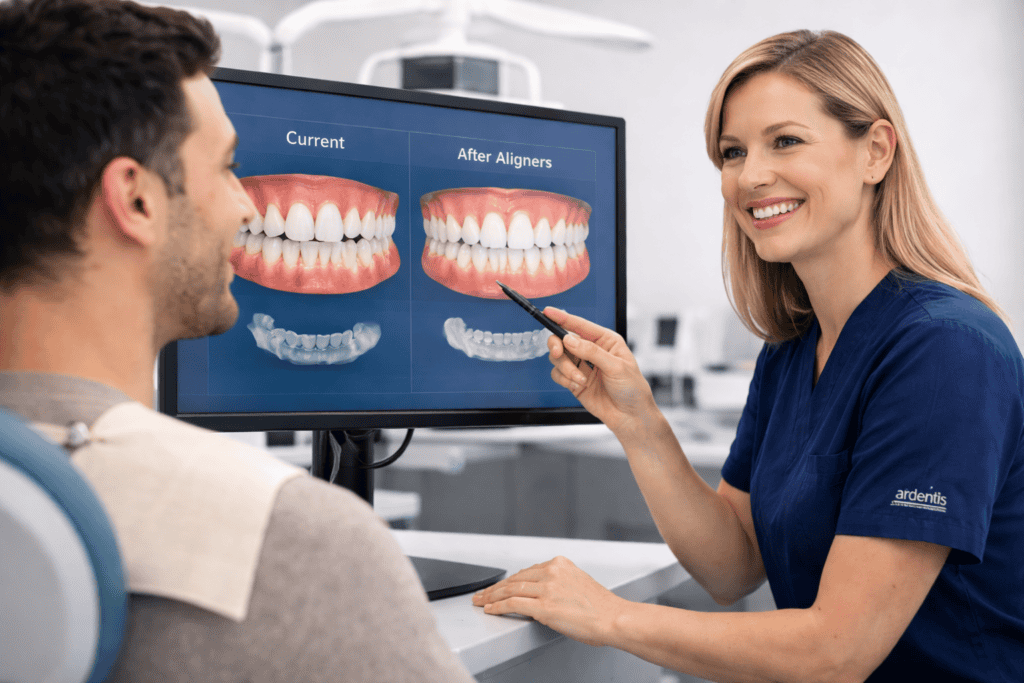 Dentiste montrant à un patient la simulation de son futur sourire avec des aligneurs transparents
